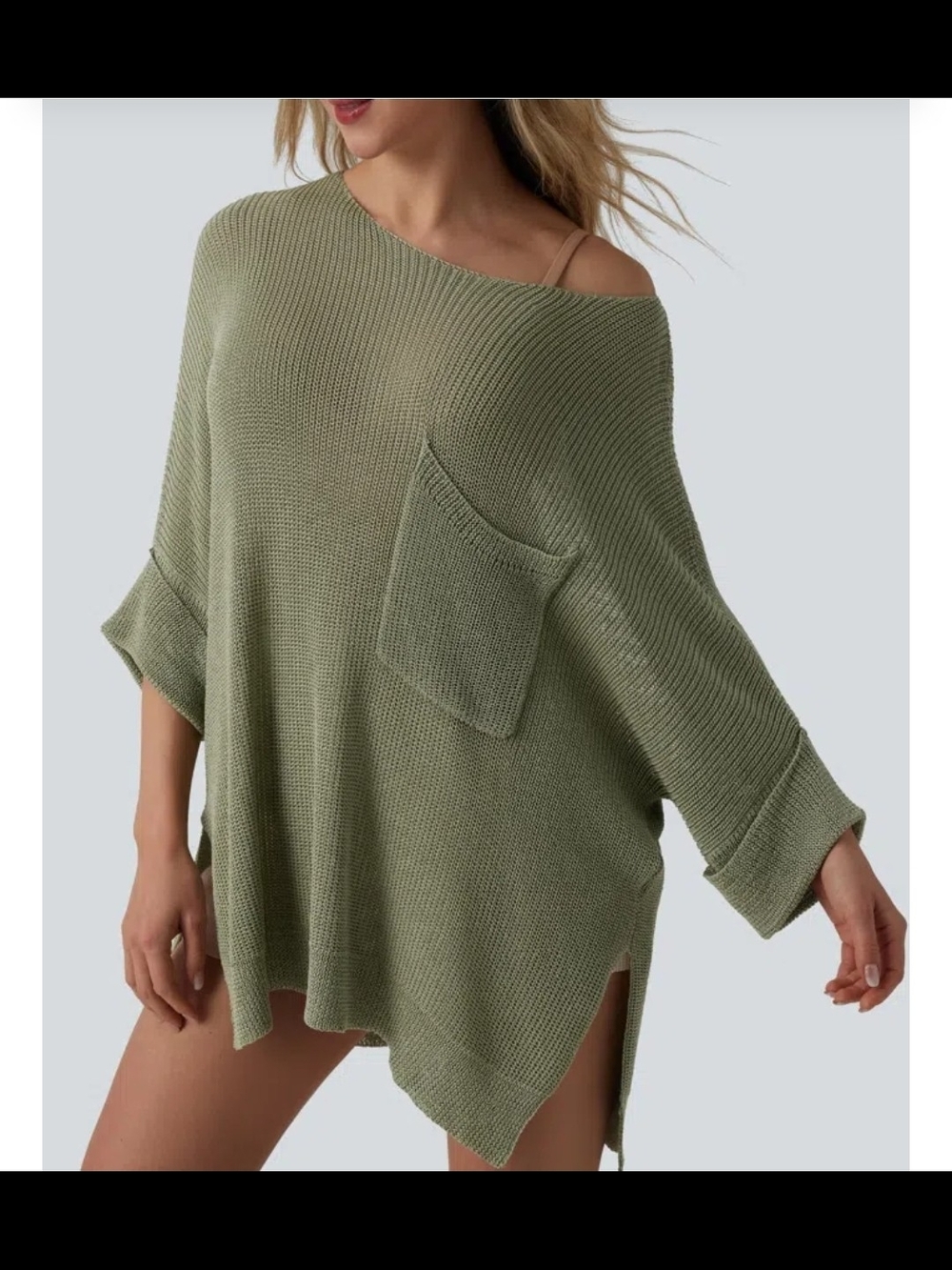 One-shoulder Half Sleeve Split Hem Oversize Casual Sweater with Pocket